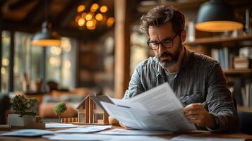 Claims adjuster reviewing documents in a contemporary office with a house model, copy space for design photo