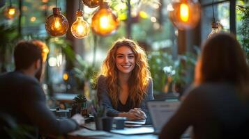 Collaborative business negotiation in a chic co-working space with modern elements and natural light, copy space included photo
