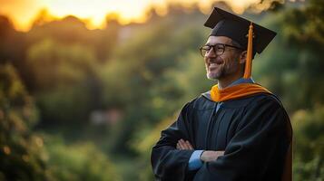 Graduate standing proudly in cap and gown, scenic background with copy space for text photo