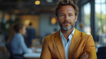 Professional leader standing confidently with team collaborating in an open office environment, full body wide angle, 8K high resolution. photo