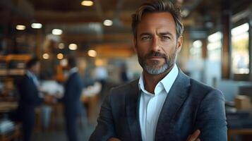 Professional leader standing confidently with a team collaborating in an open office environment, full body wide angle. photo