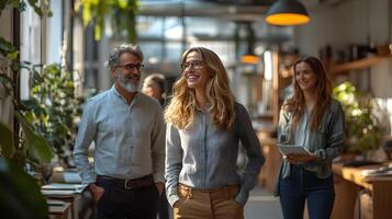 Executive standing tall while employees interact around them in a spacious office, 8K high resolution, natural lighting, with copy space photo