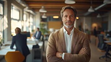Executive standing tall while employees interact around them in a spacious office, 8K high resolution photo