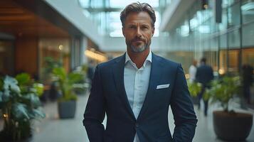 Confident manager with a group of employees working together in a sleek office, natural lighting, full body wide angle, realistic visuals, with copy space photo