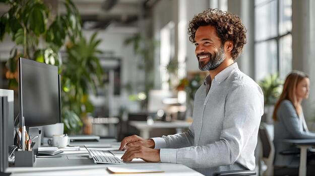 Manager interacting with employees at standing desks in a bright, open office, high resolution wide angle, with copy space photo