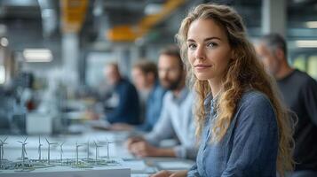 Renewable energy experts reviewing wind farm models in a clean office environment, teamwork dynamics, 8K high resolution with copy space photo