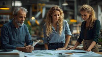 Clean energy office setting with charts, maps, and professionals strategizing wind farm projects, modern lighting, 8K detailed picture with copy space photo