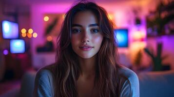 A young influencer live streaming using modern setup, vibrant lighting, and an interactive background with audience engagement, with copy space photo
