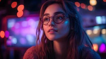 A young influencer live streaming using a modern setup, vibrant lighting, and an interactive background with audience engagement, with copy space photo