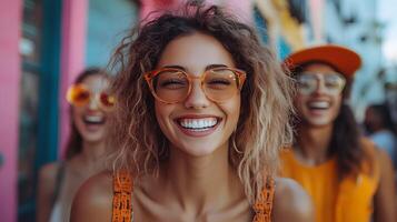 A group of friends live streaming a fun activity, expressing emotions and engagement with a vibrant urban background, with text space photo