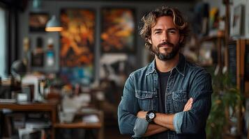 Designer experimenting with AI-enhanced tools to generate creative ideas in a digital workspace photo
