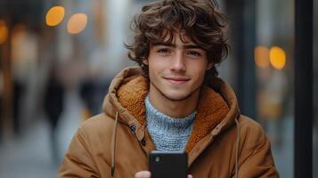 A young creator holding a smartphone while reacting to comments during a live stream, bright neutral background, with text space photo