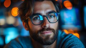 Creative professional using AI technology to automate visual storytelling in a modern workspace photo