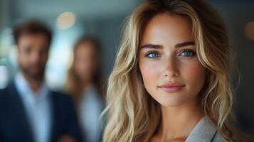 Portrait of professional workers in formal office attire, standing confidently against a neutral background, 8K high resolution with copy space photo