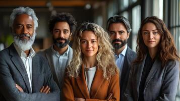 Diverse team of professionals in office attire, standing in a well-lit studio, 8K high resolution with copy space photo
