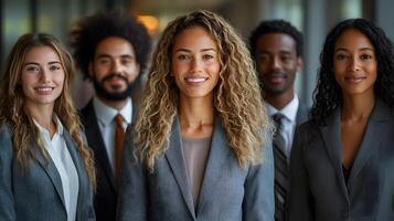 Team of professionals in diverse business attire, posing confidently against a bright background, 8K high resolution with copy space photo