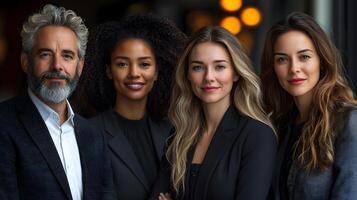 Formal team portrait of professionals wearing modern office wear, posed with ample copy space, 8K high resolution photo