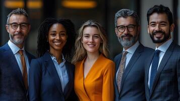 Diverse office team dressed in formal wear, standing in a studio with bright lighting, 8K high resolution with copy space photo