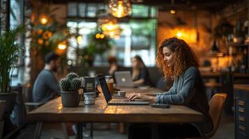Sunlit coworking space with professionals working on laptops at shared tables, vibrant tones, 8K high resolution, copy space photo