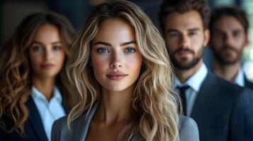 Formal team portrait featuring professionals in office attire, posing confidently with a clean background, 8K high resolution with copy space photo