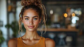 Feminine strength and resilience concept, confident woman in a modern setting, 8K high resolution with copy space photo
