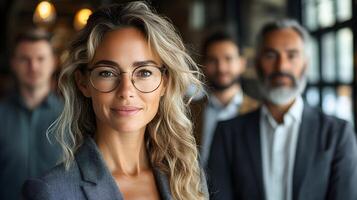 Portrait of a professional team in formal office attire, standing confidently with bright lighting, 8K high resolution with copy space photo