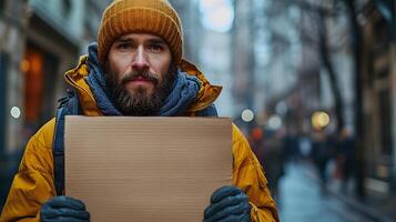 A labor protester holding a sign advocating for fair wages and better working conditions, 8K high resolution with copy space photo