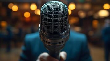 A journalist holding a microphone and asking questions at a press conference, symbolizing the importance of press freedom, 8K high resolution with copy space photo