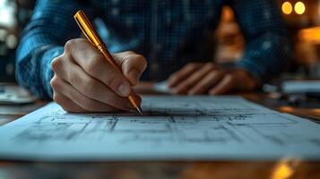 A close-up of a patent document being signed by an inventor, with creative blueprints in the background, 8K high resolution with copy space photo