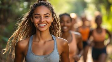 A group of diverse people exercising outdoors, promoting a healthy lifestyle free from tobacco use photo