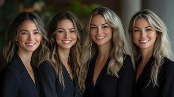 Women in business attire smiling and supporting each other in a corporate setting, gender equality in the workplace, 8K high resolution with copy space photo