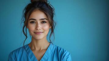 A healthcare worker standing tall in their uniform, promoting labor rights and the dedication of essential workers, 8K high resolution with copy space photo
