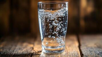 Close-up of a transparent glass of water on a wooden table, minimalist and pure composition, symbol of hydration and health, 8K high resolution with copy space photo