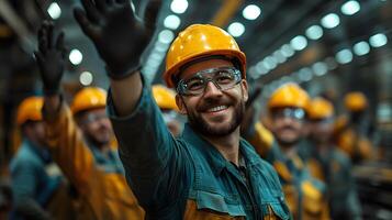 A team of factory workers high-fiving after completing a successful project, symbolizing labor pride and achievement, 8K high resolution with copy space photo