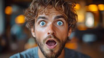 A person with funny surprise expression after being pranked on April Fools Day, 8K high resolution with copy space photo