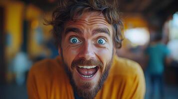 A hidden camera capturing a persons reaction to an April Fools prank, laughing and surprised, 8K high resolution with copy space photo