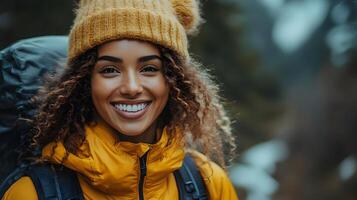 A couple sharing a laugh while hiking in nature, experiencing peace and well-being through laughter, 8K high resolution with copy space photo