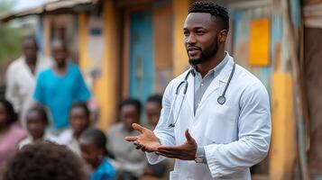 A healthcare worker educating a group of people on preventive health measures, 8K high resolution with copy space photo