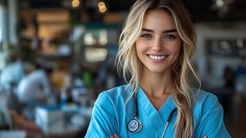 A healthcare worker standing tall in their uniform promoting labor rights and the dedication of essential workers, 8K high resolution with copy space photo