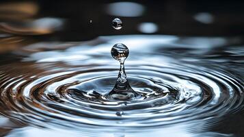 Crystal clear water drop falling into a calm lake, ripple effect spreading, concept of clean water and sustainability, 8K high resolution with copy space photo