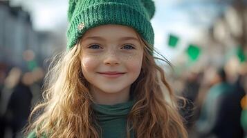 St Patricks Day parade with people dressed in green, waving flags, festive atmosphere, 8K high resolution with copy space photo