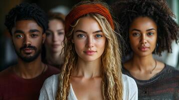 Portrait of people from different ethnic backgrounds standing together in solidarity, strong and inspiring expressions, 8K high resolution with copy space photo