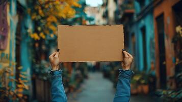 Powerful image of a person raising a sign promoting racial equality, activism and awareness, impactful scene, 8K high resolution with copy space photo