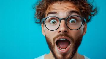 A person with a funny surprise expression after being pranked on April Fools Day, 8K high resolution with copy space. photo