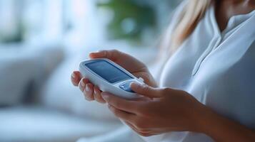 A close-up of a person holding a blood glucose monitor, focusing on the device, with a blurred background and ample space for messaging. photo