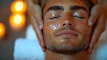 High-quality image of a person enjoying a massage with soft lighting, peaceful background for messaging. photo