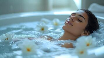 High-definition shot of a person relaxing in a spa bath, with a peaceful atmosphere and clear space for text. photo