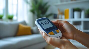 A lifestyle shot of a person checking their blood glucose levels at home, with a soft, neutral background and copy space. photo