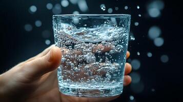 A hand holding a clear glass of water with condensation, clean background with ample copy space. photo