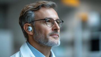 A medical professional demonstrating how to wear a hearing aid, with a clean, simple background and ample copy space. photo